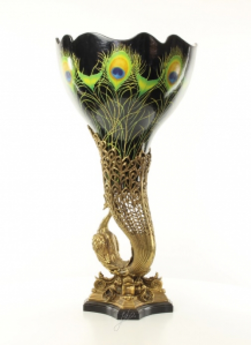 A bronze mounted porcelain peacock vase