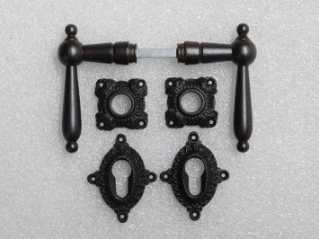 Set of door handles with latch and lock rosettes - PZ - Dark brown - Iron rusted