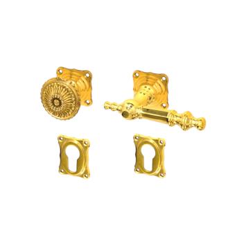 Brass glossy front door fittings, classic knob and latch