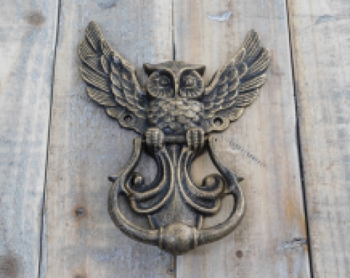 Fantastic door knocker with owl motif, antique bronze.