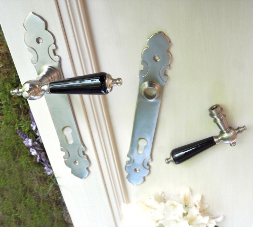 Set of door hardware - PZ 92 - matt nickel - with black porcelain handles