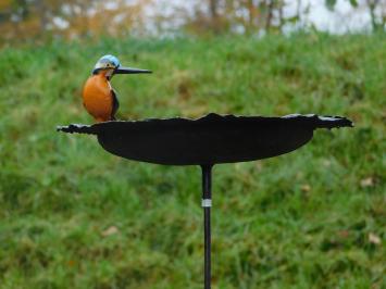 Handgefertigte Futterschüssel mit Eisvogel - Gartenstab - Metall