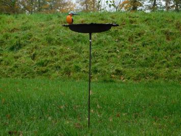 Handgefertigte Futterschüssel mit Eisvogel - Gartenstab - Metall